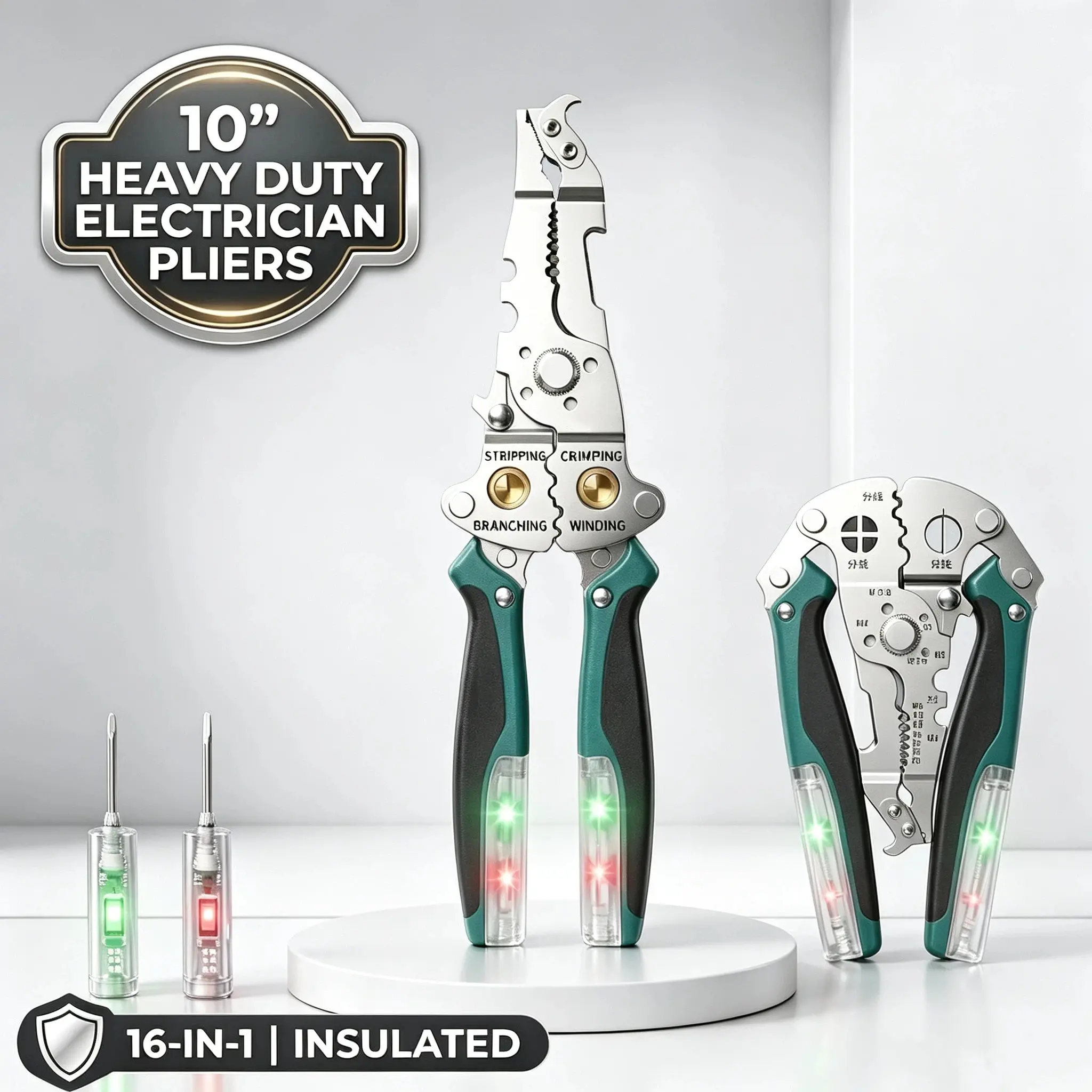 10-in Heavy Duty Long Handle Wire Strippers & Wirecutters - 16-in-1 Professional Electrician Multi-Tool with Foldable Non-Contact Circuit Tester, 2 Detachable Test Pens, Built-in Hook Blade, High Leverage Pliers for Stripping, Crimping, Home Renovations