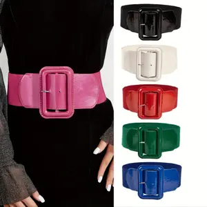 Vintage Wide Elastic Waistband Rectangle Pin Buckle Belt - Women's Versatile Casual Daily Dress Coat Decoration Girdle
