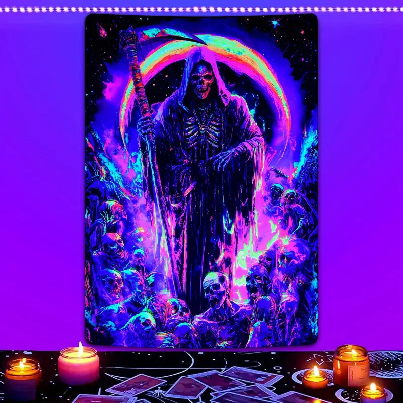 1pc Glow-in-the-Dark Grim Reaper Velvet Tapestry Wall Hanging - Vibrant Neon Skeleton, Cosmic Design on Peach Light Beige Fabric, Horizontal No-Installation Home Accessory for Living Room, Party Decor, Room Art & Decor Inspo Background, Dark Style Tapestr