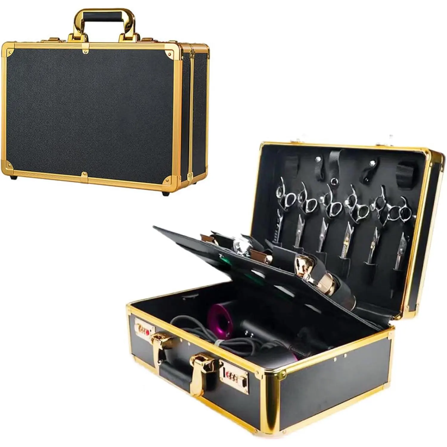 Gold Double-Layer Rectangular Barber Accessories Carrying Briefcase - Large Tool Organizer for Clippers and Supplies