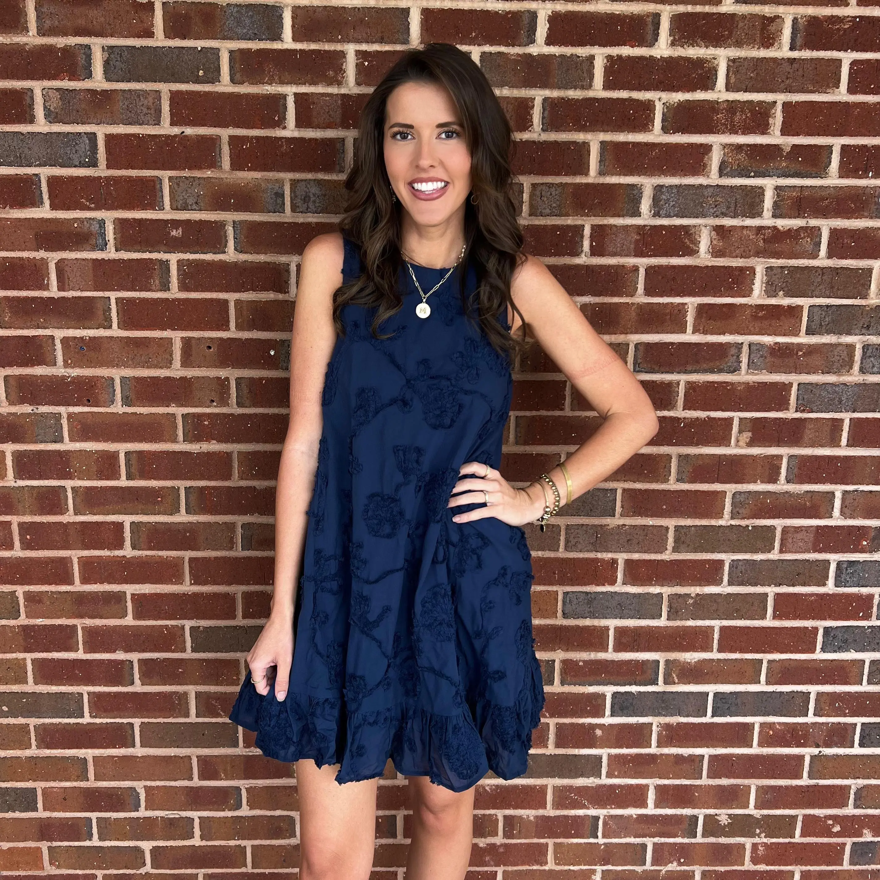 ENTRO -  Ruffle Hem, Sleeveless Mini Dress w Pearl Accents 7407 - Navy