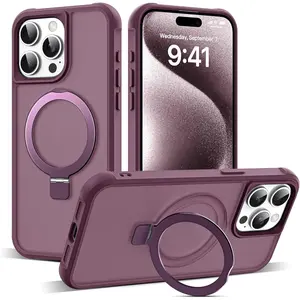 Compatible with iPhone 15 Pro Max Case with Invisible Magnetic O-Ring Stand Military-Grade Translucent Case for iPhone 15 ProMax 6.7" [Compatible with Mag-Safe][Great Grip Feeling], Wine Red