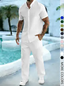 Men’s White Resort Wear Set, Stand Collar Shirt and Drawstring Trousers, Lightweight and Comfortable Spring & Summer Suit for Beach Vacations and Casual Events