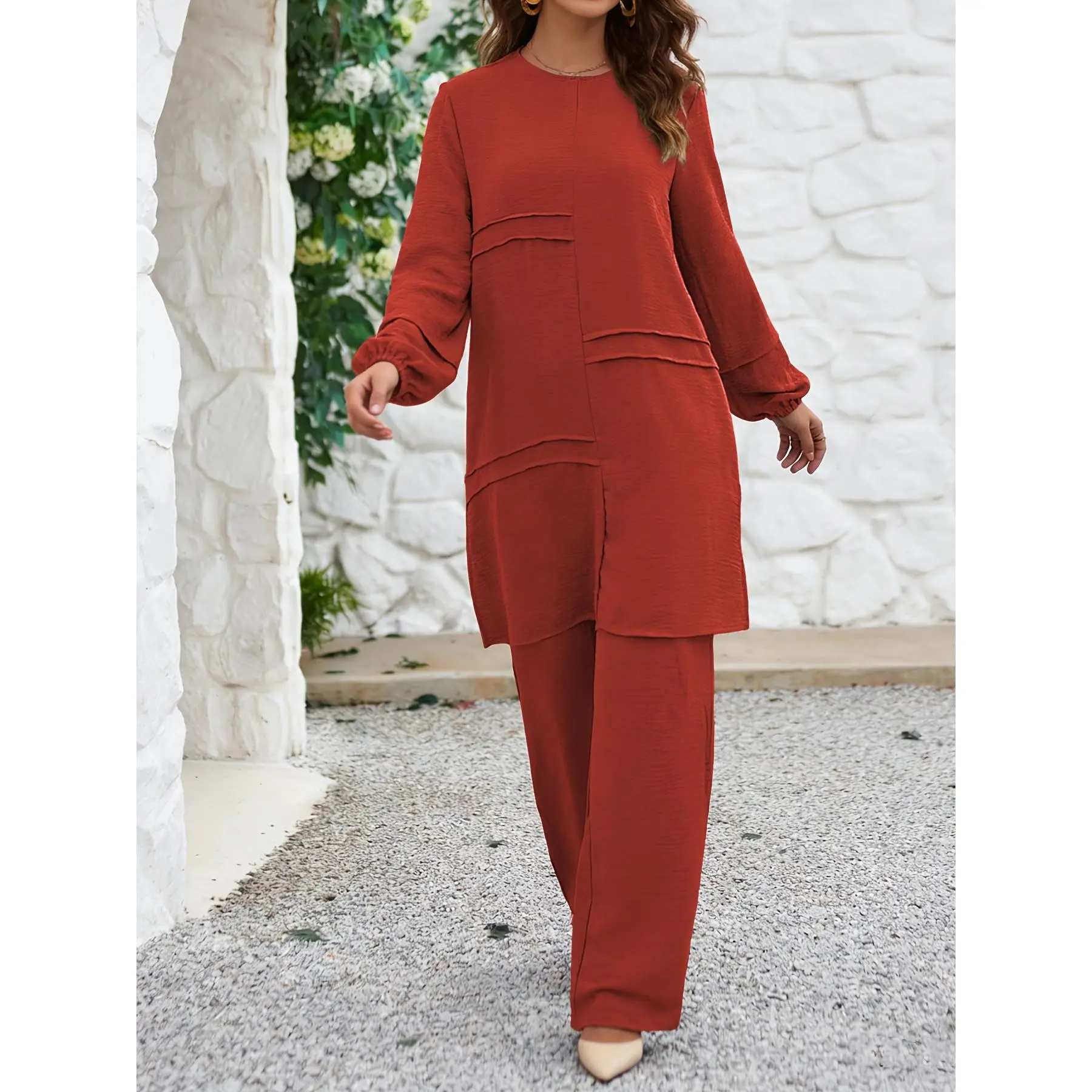 Women's 2 Piece Abaya Outfit Set - Elegant Long Sleeve Tunic with Twin-Stripe Detail and Polyester Wide Leg Pants for Ramadan, Outfit Sets Women, 2 Piece Sets