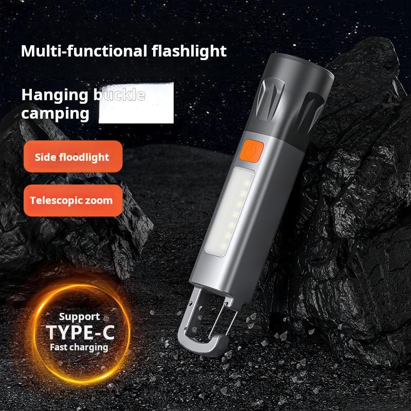 Mini bright LED rechargeable waterproof flashlight with hook, high brightness, with side light, zoomable, ultra-bright handheld flashlight, suitable for emergencies / camping / home / hiking / adventures