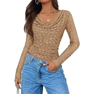 ZESICA Women's Long Sleeve Floral Tops Cowl Neck Slim Fit Going Out Shirts 2026 Fall Fashion Outfits Clothes