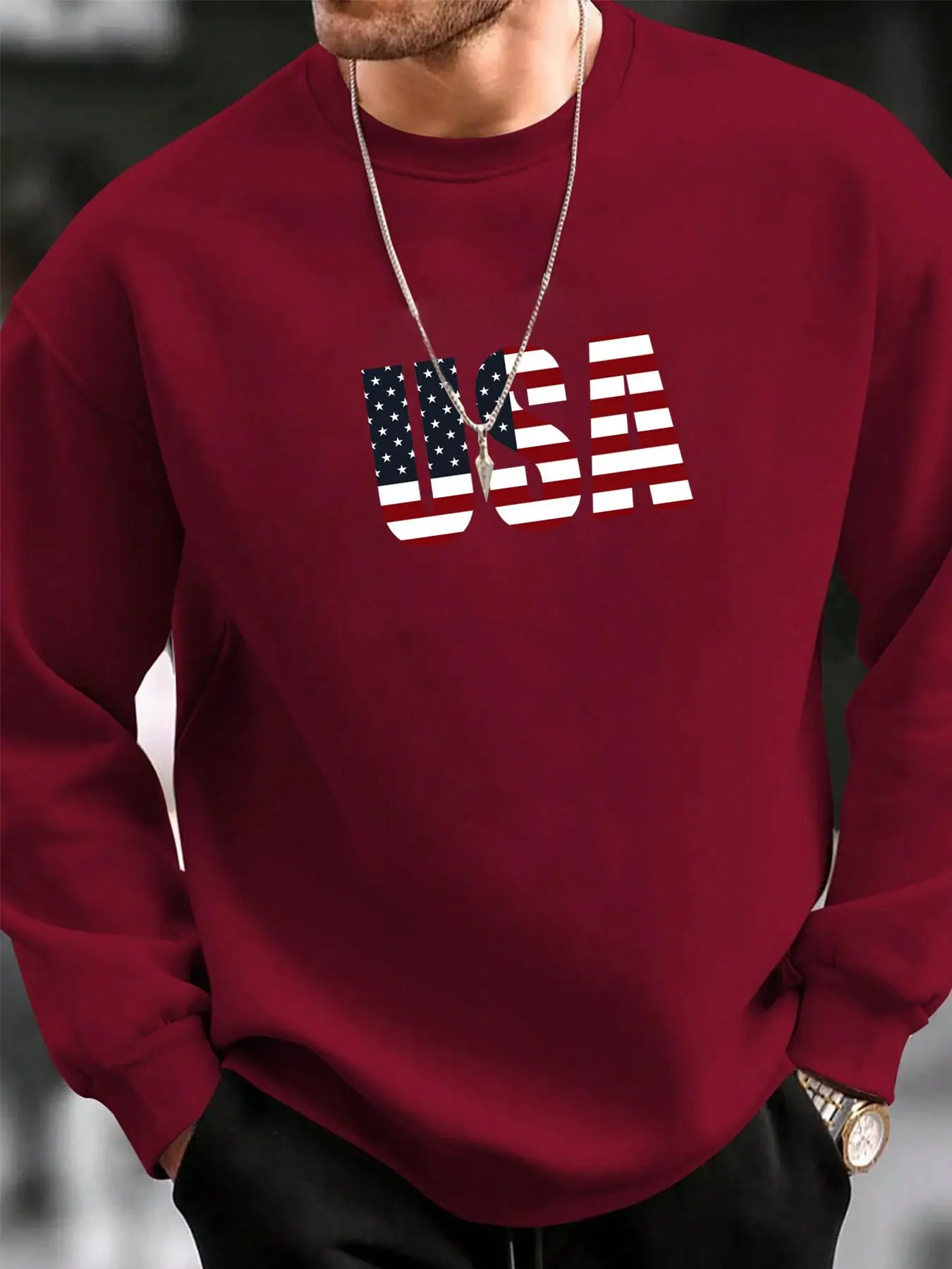 Men's "USA" Print Sweatshirt, Casual Crewneck Long Sleeve Pullover for Fall & Winter, Fashion Trendy Cozy Fall Outfits for Men