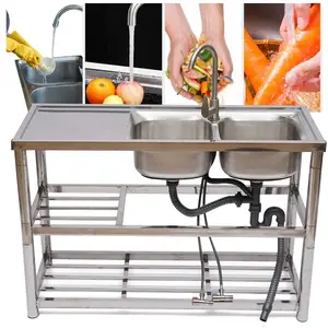 CNCEST Top-deal 47" Stainless Steel Table with Sink Hidden Kitchen Sink Double Bowl Bar Catering Sink