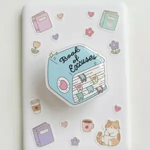 Cute Blue Book of Excuses Phone Grip - Aesthetic Pastel Stationery Accessory - Bookish Humor Phone Holder - Unique Gift for Students & Readers - Kawaii Acrylic Phone Kickstand