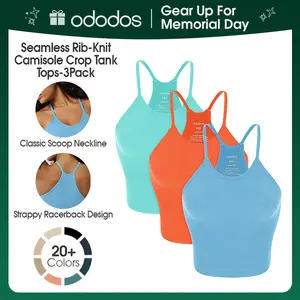 ODODOS Women's Crop 3-Pack Seamless Rib-Knit Camisole Waist Length Crop Tank Tops,No Padding