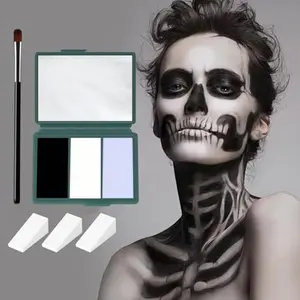 Halloween Skeleton Makeup, Complete Skeleton/Skull Makeup Kit Face Paint SFX Character Set With 1 Brush&3 Sponges, for Clown, Art Cosplay Party, White+Black+Blue