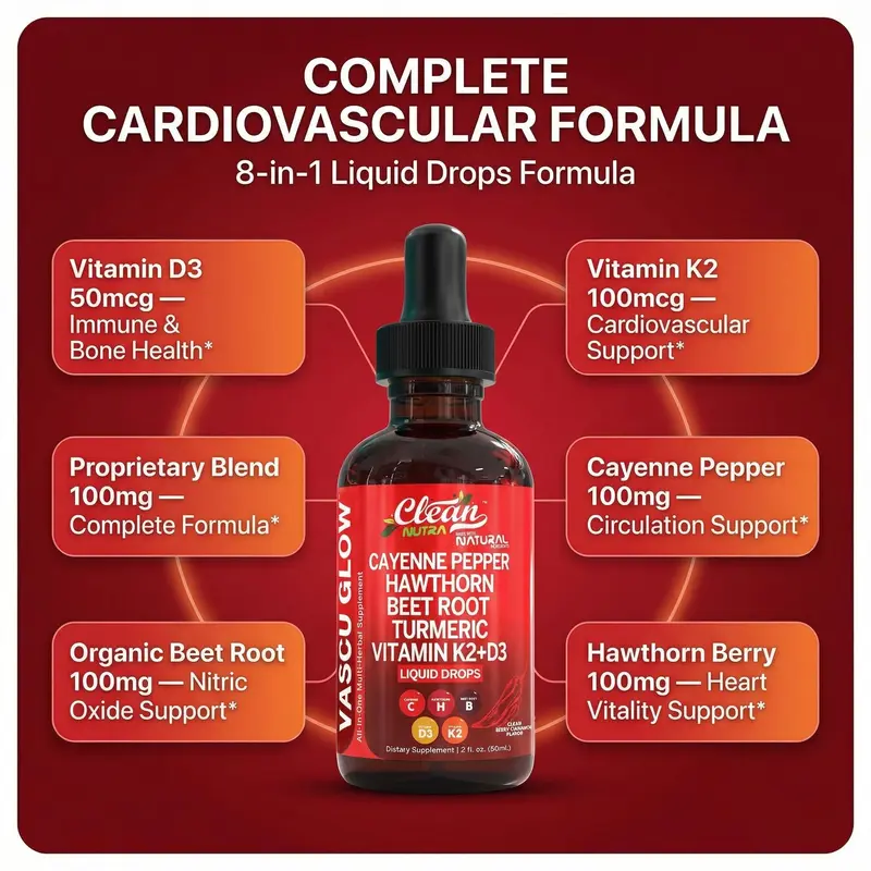 Clean Nutra BOGO | Cayenne Pepper Drops Supplement + Hawthorn Berry, Vitamin D3 K2, Organic Beet Root Powder, Ceylon Cinnamon, Turmeric Curcumin, Panax Ginseng & More Health Wellness Supplement Liquid Drops – Vascu Glow