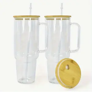Customize (1) 40 oz Glass Mug Tumbler with Design Option - include (1) Wooden lid and (1) Straw & Design