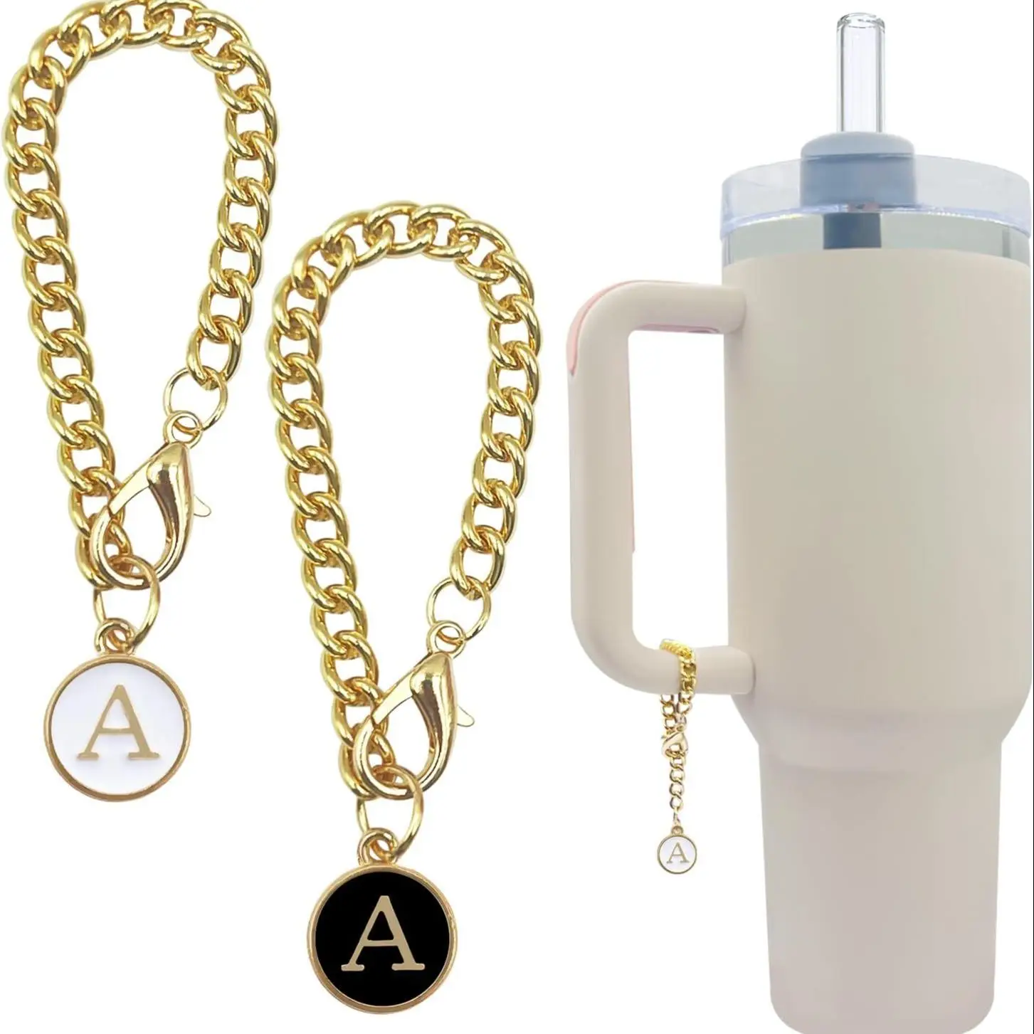 Letter Charm Accessories for Tumbler Cup, 2 Counts Stainless Steel Initial Letter Chain with Chain, Drinkware Accessories for Party