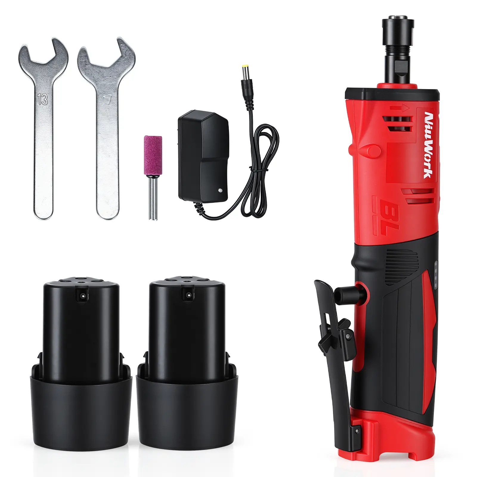 NiuWork 1/4" Right Angle Die Grinder Kit,12V Brushless 3-Speed Max 19900RPM, Cordless Grinder with LED Light, 2 x 2.0Ah Batteries & Charger for Grinding, Rust Removal, Cutting & Polishing
