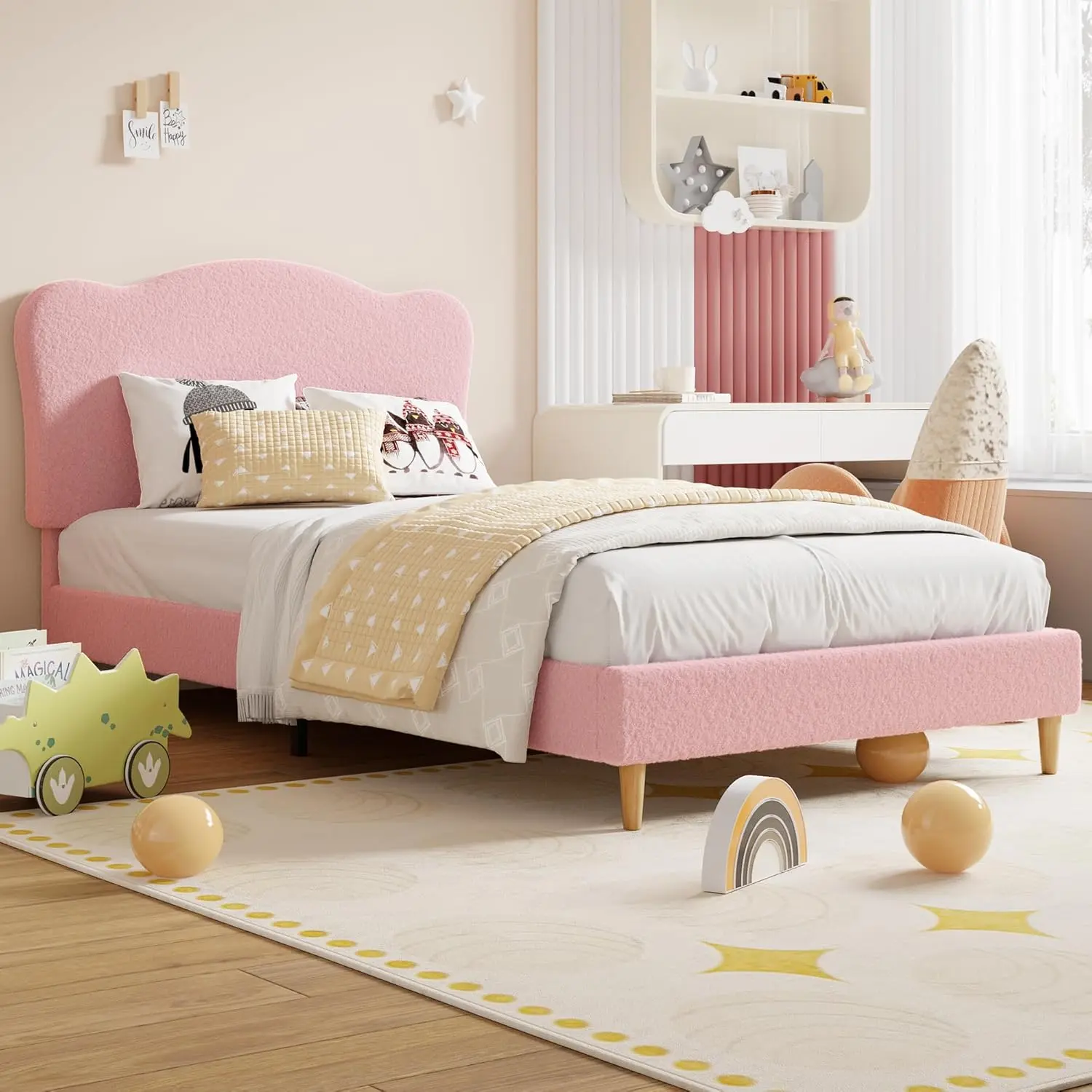 GAOMON Full Size Boucle Upholstery Low Profile Platform Bed Frame with Adjustable Headboard, Strong Wood Slats, Noise-Free, No Box Spring Needed, Easy Assembly for Kids (Pink), Low Profile Bed