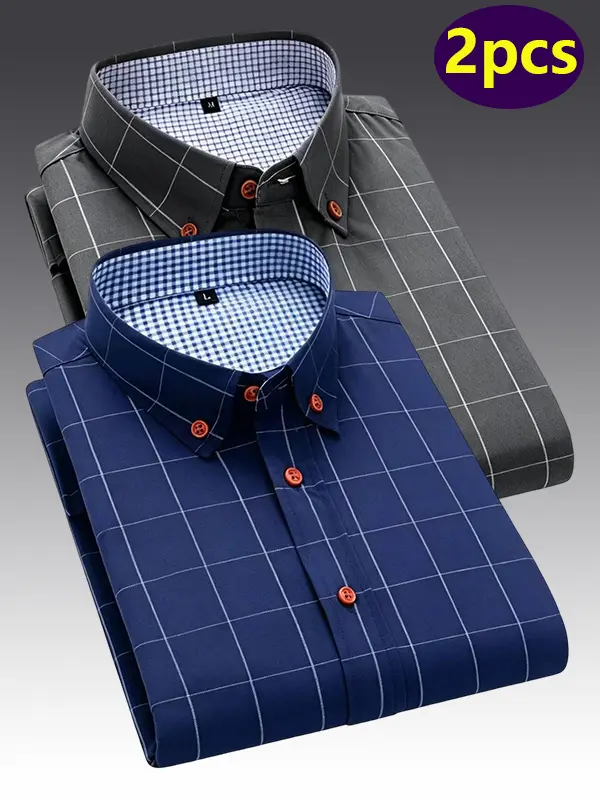 2-pack men’s plaid short-sleeve shirts for spring/summer—versatile everyday wear suitable for work, casual outings, and vacations. Soft, wrinkle-resistant fabric simplifies daily outfit selection.