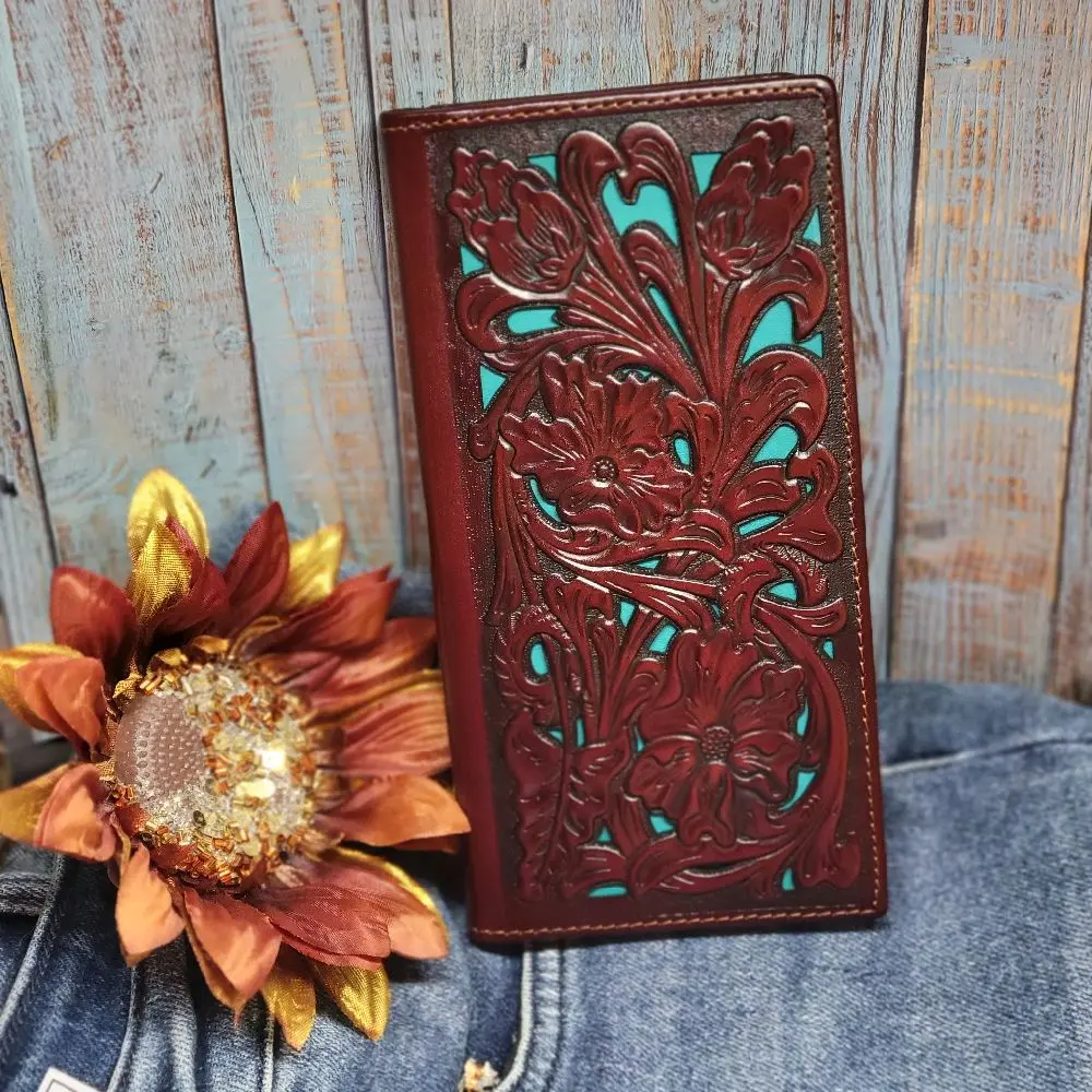 Western wallet Cowboy wallet genuine leather lasercut brown and teal two layered wallet