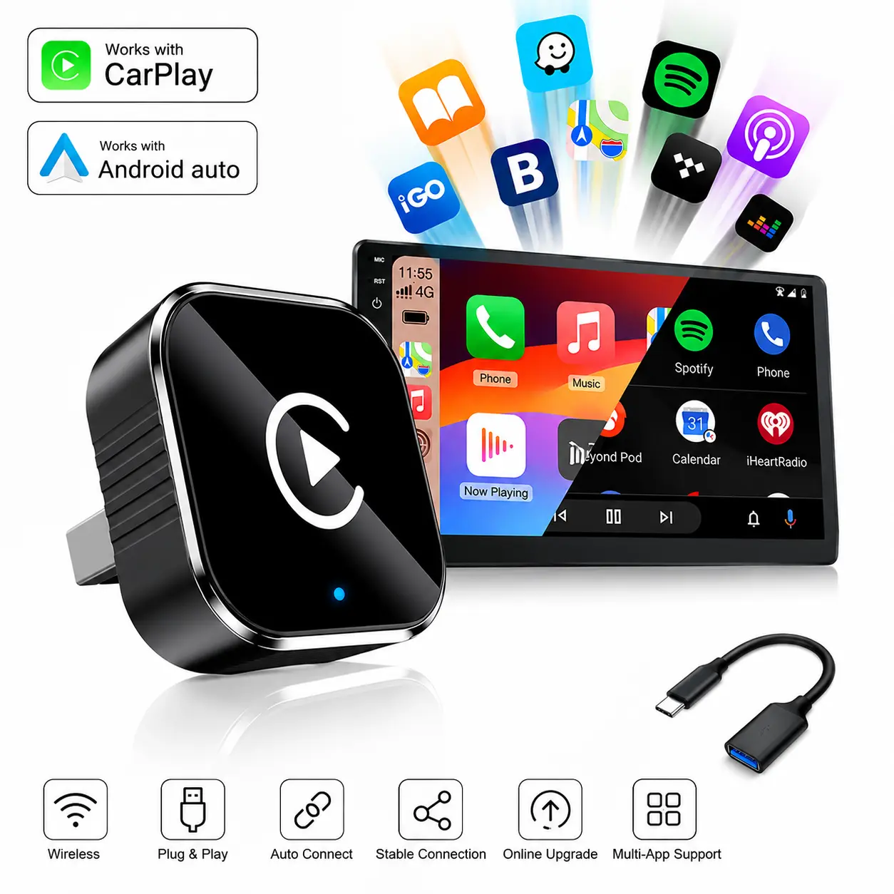 2026 Wireless carplay Adapter for iPhone/Android - Fast Connection, No Latency, Hands-Free Call wireless adapter Electronic Charger carplay dongle Bluetooth