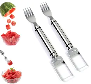 2025 2pcs All-in-One Watermelon Cutter, Stainless Steel 2-in-1 Fruit Knife and Fork Slicer, Dual Head Summer Fruit Cutting Tool for Home