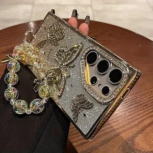 Light luxury style rhinestone butterfly bead chain mobile phone case for S25 Ultra. New 24+ anti-drop protective cover, designed for fashionable ladies.