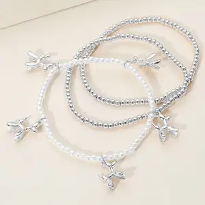 3PCS - Gold Dipped Balloon Dog Charm Metal Ball Pearl Beaded Stretch Multi Layered Bracelets