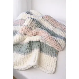 Chunky Knit Throw Blanket 50x60 | Misty Green Ivory Blush Heirloom | Handmade Chenille Decor