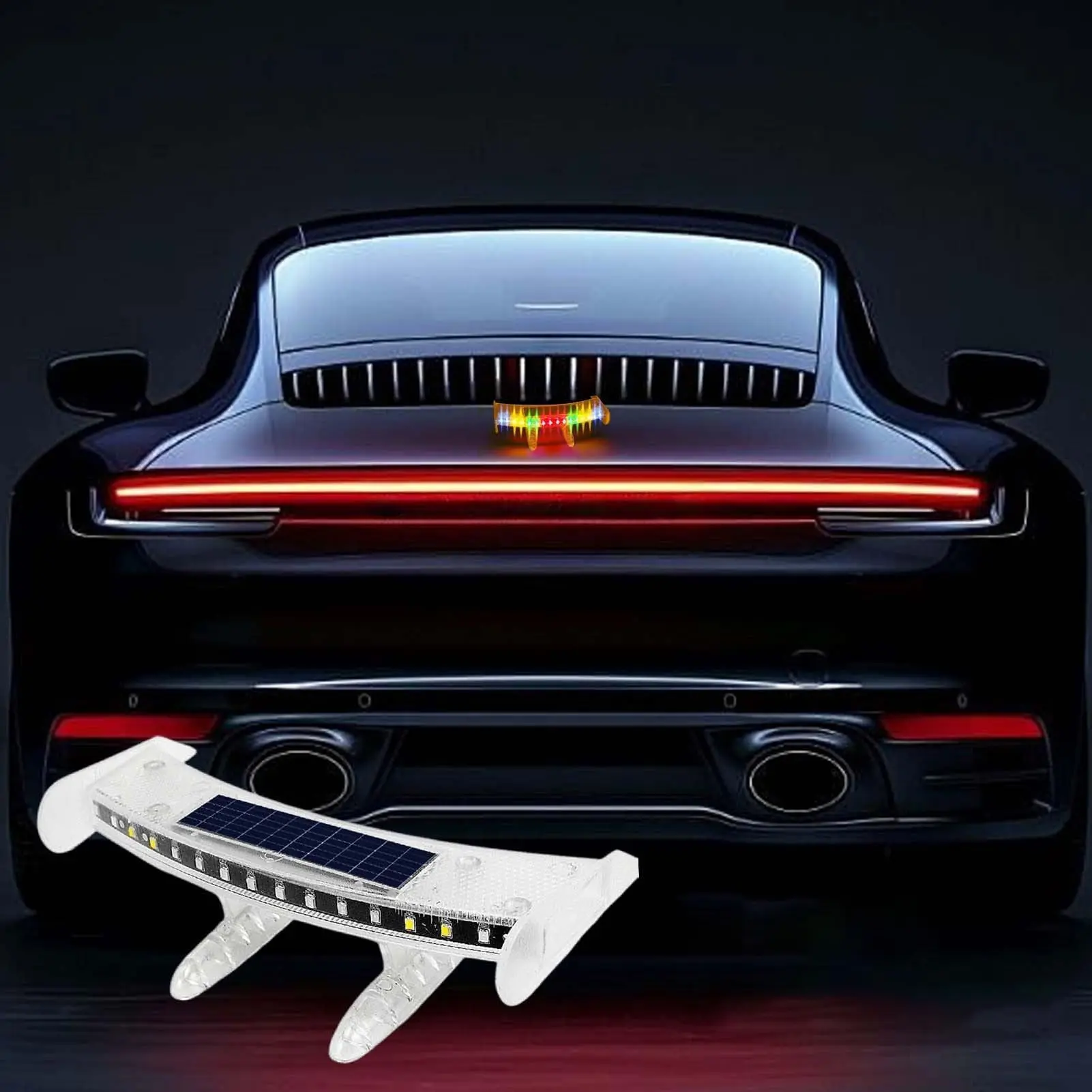 Solar-Powered Car Rear Spoiler LED Light - No-Drill Installation, Vibration & Light Sensor Activated Strobe Warning Light for Vehicle Safety