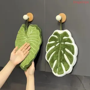 2Pack Monstera Leaf Hanging Hand Towel Thickened Coral Fleece – Absorbent Plant-Themed Kitchen & Bathroom Cloth, Large Quick-Dry Dish Drying Rag and Hand-Drying Towel, Soft Plush Microfiber Cleaning Towel with Loop for Hanging, Home, Dorm, RV, Travel