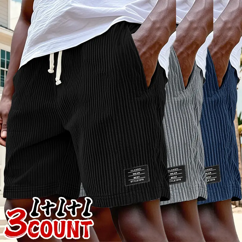 Men’s corduroy casual shorts, 3-pack. Elastic drawstring, comfortable straight-leg shorts made from corduroy fabric with a vertical stripe texture. Suitable for lounging at home, everyday outings, campus commuting, light exercise, and short trips—high pra
