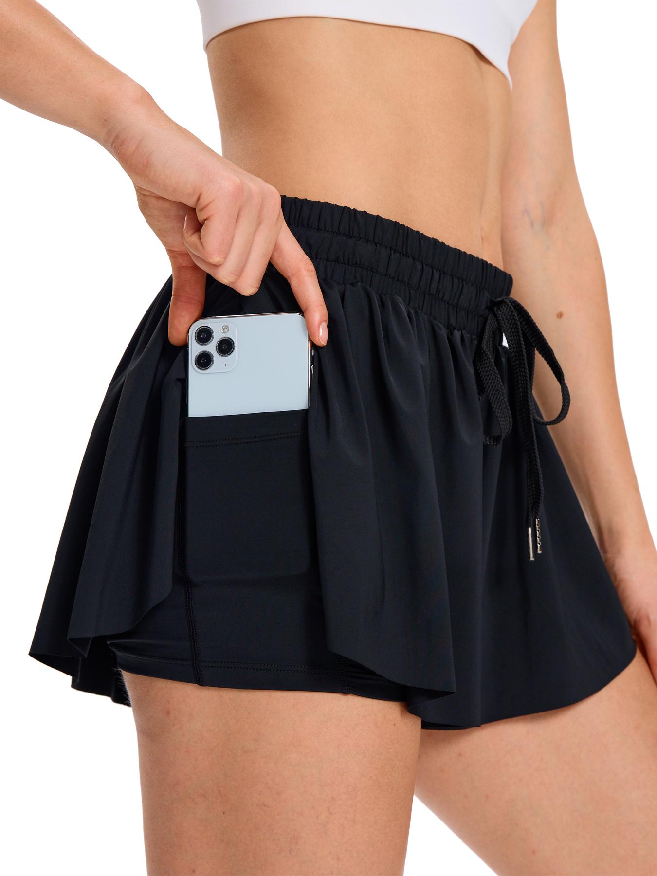 Women's 2-in-1 Flowy Athletic Skort, High Waist Tummy Control Tennis Shorts with Pockets, Elastic Drawstring Running Shorts for Gym Workout Casual Summer