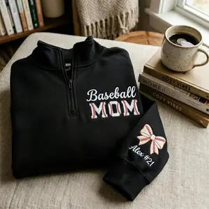 Personalized Baseball Mom Quarter Zip Sweatshirt, Baseball Mama Sweatshirt, Custom Name Sleeve, Gift for Baseball Mama