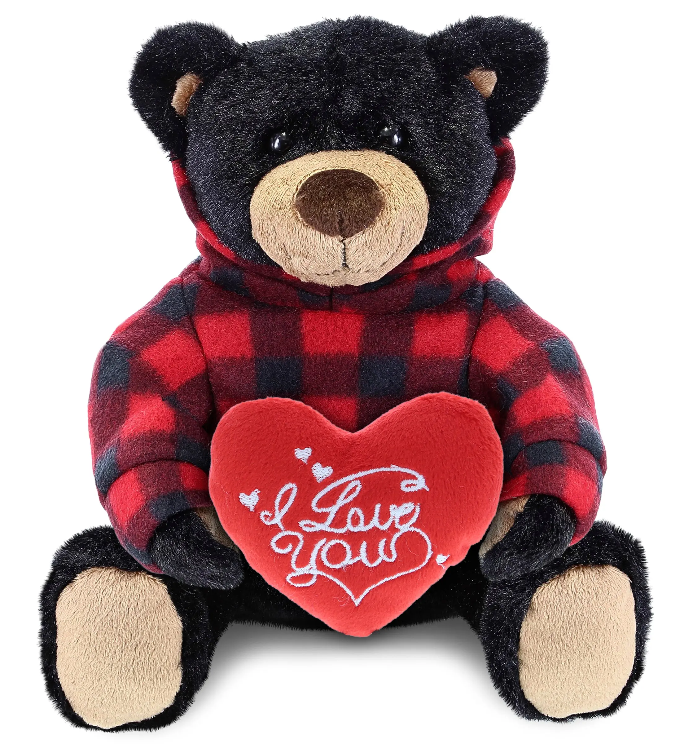 DOLLIBU Stuffed Black Bear, Super Soft Plush with Red Plaid Hoodie and "I Love You" Red Heart - Soft Cuddly Gift for Stuffed Toy Enthusiasts, Teddybear Stuffed Animal