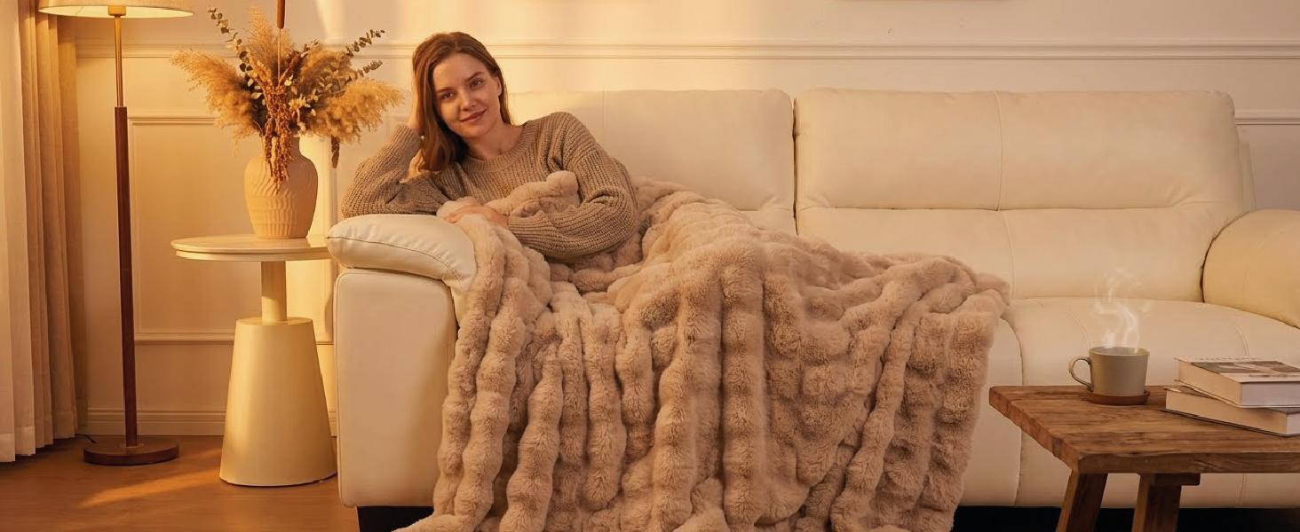 【Clearance】Macinso Fluffy Bubble Home Blanket, Faux Rabbit Fur Winter Warm Soft, Bedroom Decor Cozy for Women Men