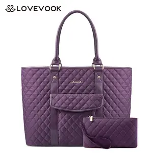 LOVEVOOK 15.6inch Laptop Tote Bag for Women,Diamond Quilted Travel Work Bag,Large Capacity and Independent Laptop Compartment,with Water Bottle Bag and Luggage Strap,Waterproof Polyester and PU Leather Material,Suitable for Multiple Occasions