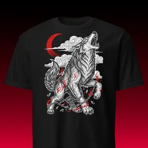 Men's Norse Mythology Graphic T-Shirt - Short Sleeve Crew Neck Regular Fit Casual Wear | Soft & Breathable Fabric, Durable Print, Everyday Comfort, Machine Washable, woodcut Fenrir the wolf breaking chains under a crescent moon with flames and clouds