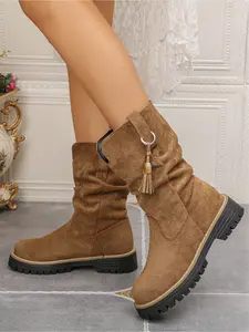 Women's autumn and winter fashion large size pleated boots thick sole high water table waterproof fabric tassel decorative pleated boots soft sole comfortable non-slip wear-resistant outdoor mid-tube commuting women's shoes