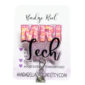 MRI Tech Badge Reel - Acrylic Design with Retractable Cord, Pink Leopard Text, Durable Material, Ideal for Nurses and Respiratory Therapists