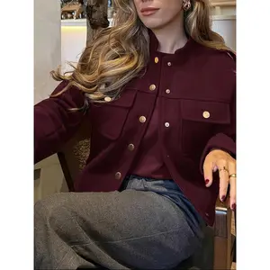 Women's Casual Fashion Coat with Button Decoration, Elegant Woven Fabric, Thick Material, Random Print Design, Fall & Winter Wear