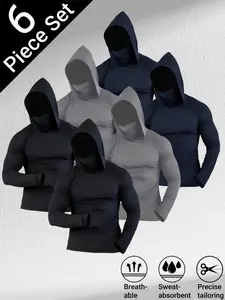 Men's 6-Pack Mask & Sun-Protection Hoodie Set Quick-Dry Breathable Long-Sleeve Compression Sports Tops for Spring & Autumn Outdoor Activities