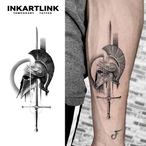 INKARTLINK [2 Sheets] Spartan Warrior Helmet & Sword Temporary Tattoos, Realistic Sketch Gladiator Body Art, Waterproof Ancient Greek Soldier Fake Tattoos