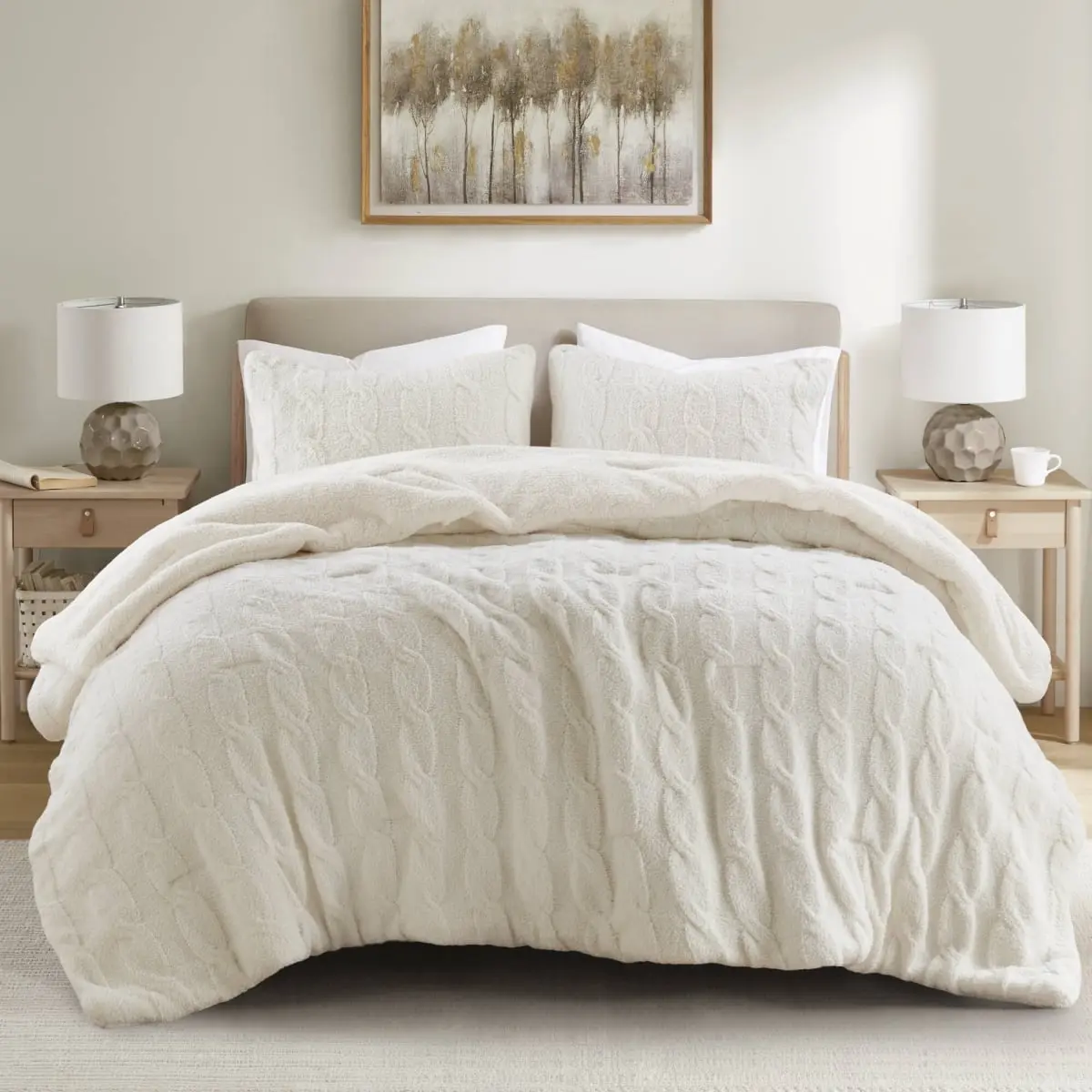 360 Stand Cable Knit Chenille Comforter Set, Ivory - King/California King Size, Waffle Knit, Neutral Tone, Sherpa Side