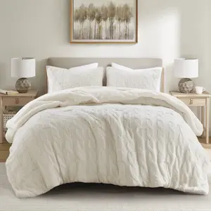 360 Stand Cable Knit Chenille Comforter Set, Ivory - King/California King Size, Waffle Knit, Neutral Tone, Sherpa Side