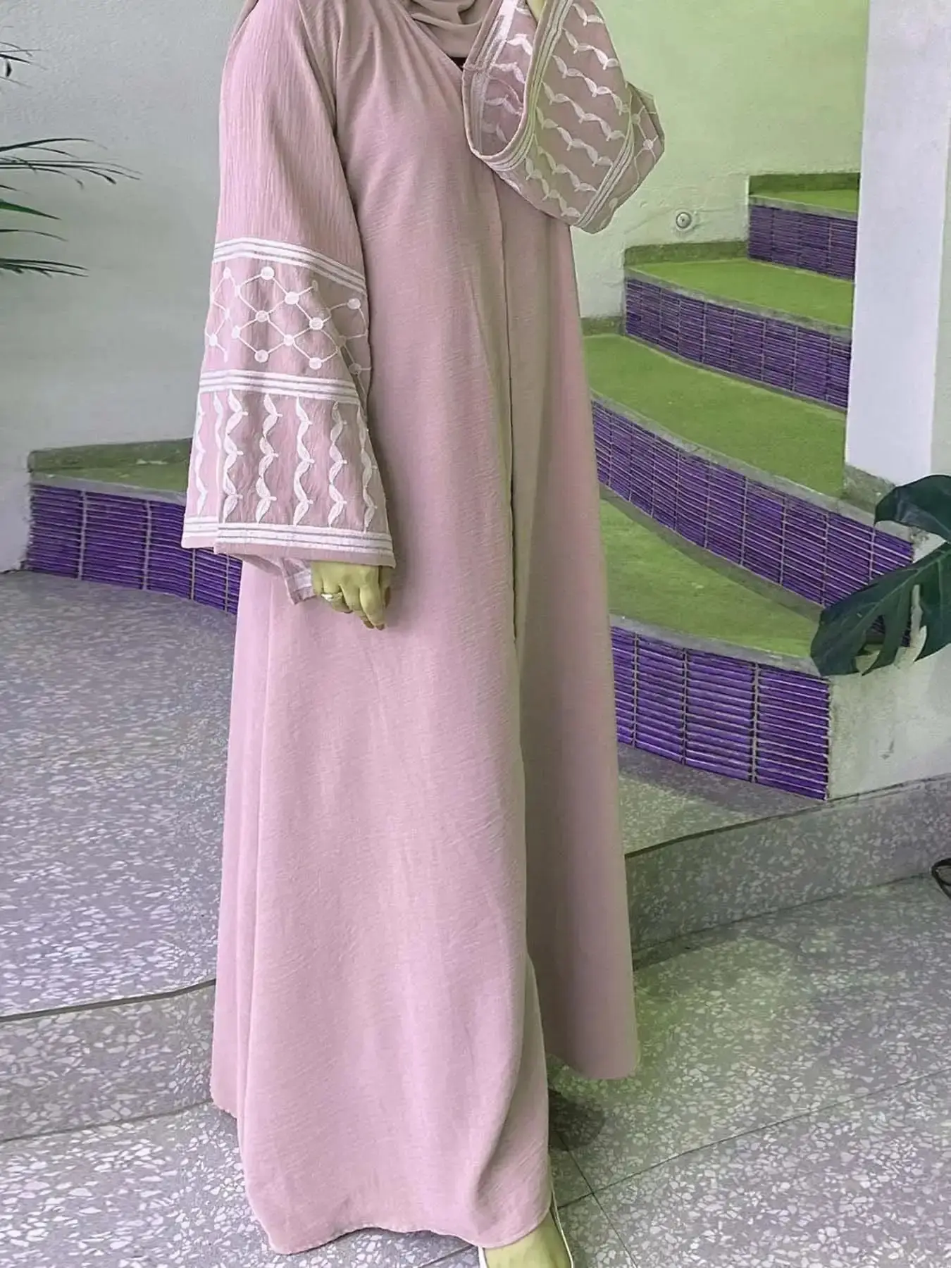 Sleek Muslim open abaya clothing Elegant Women's Ramadan Solid Color Embroidered Cardigan Dress Utility Style, Modest Loose-Fitting Robe with Belt and Pockets for All Seasons, Islamic Modesty Clothes, Belted Outfits