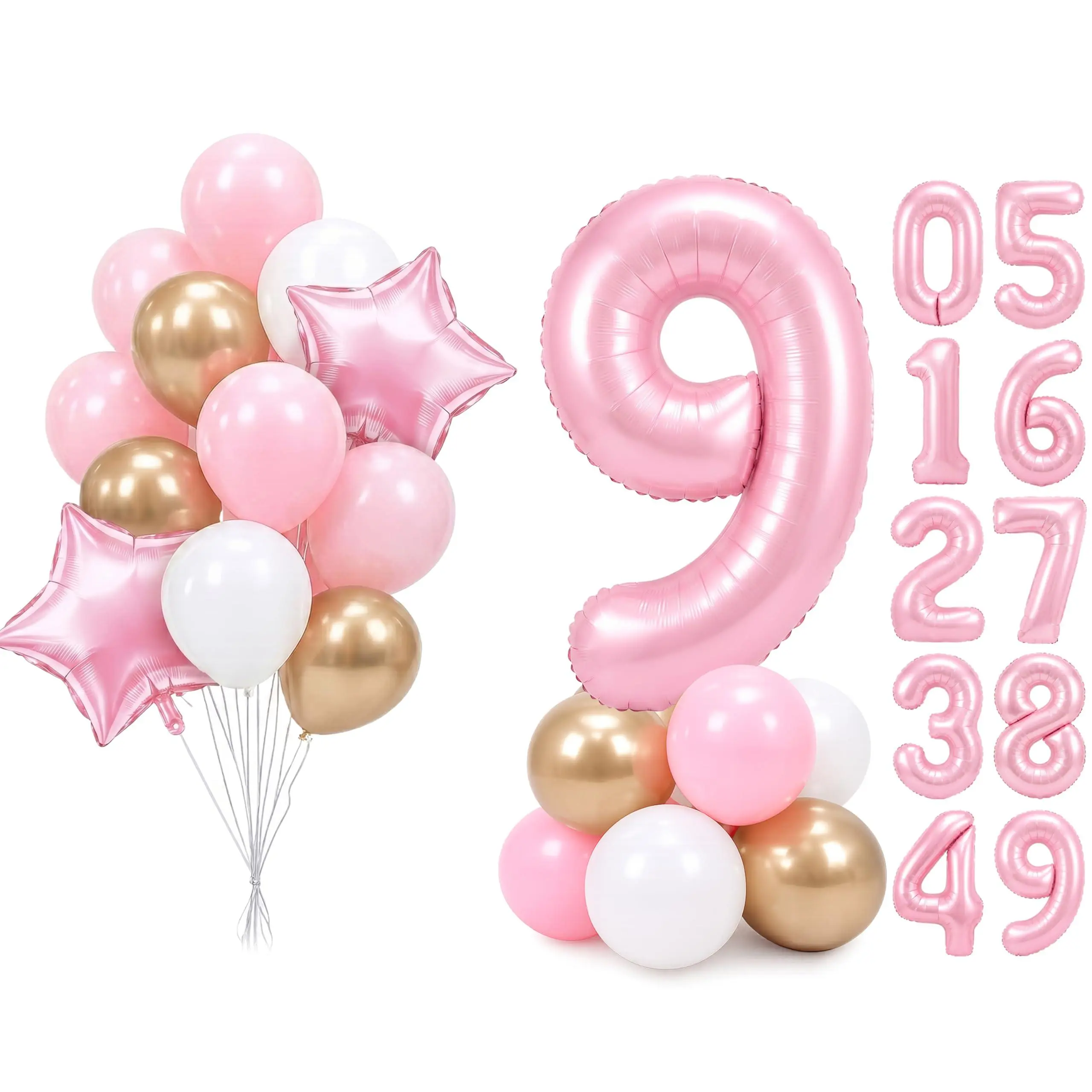 PartyWoo 40-Inch Baby Pink Number 9 Foil Balloons (25pcs) with Pink Stars, White & Gold Star Accents - Large Balloon Decor for Birthday, Girls’ Party Supplies, Gold Foil Star Balloons
