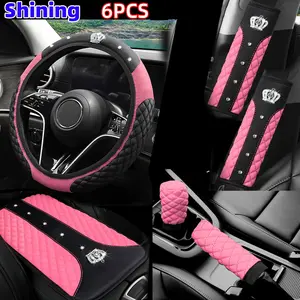 PU Leather Artificial Diamond Blingbling Crown Car Steering Wheel Cover Set 6pcs, Shoulder Cover, Armrest Pad, Handbrake Cover, Gear Cover, Car Interior Accessories Set Suitable for 14.5-15" Steering Wheel Car Accessories