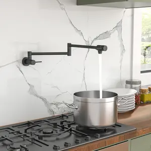 Pot Filler Faucet - Wall Mount Kitchen Sink Faucet Folding Stretchable with Single Hole Two Handles, Matte Black