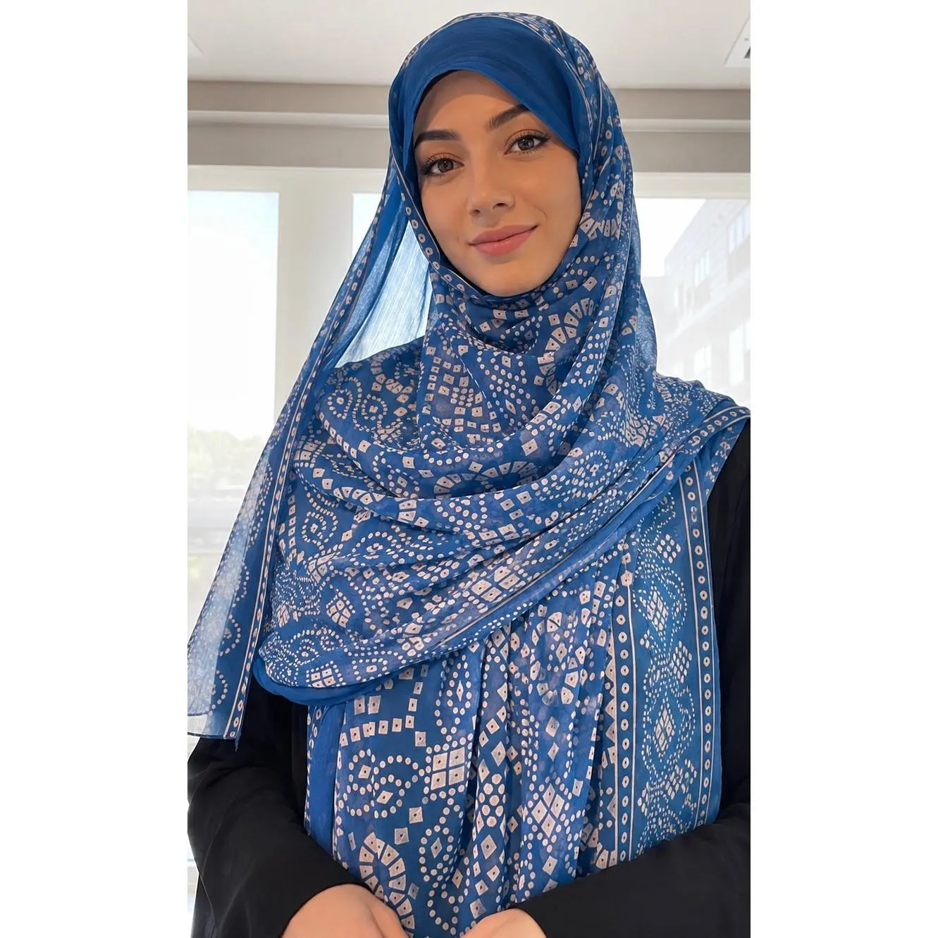 Elegant Geometric Print Chiffon Hijab – Mustard & Multicolor Square Design