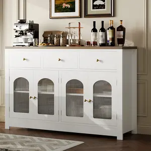 White/Black Large Buffet Sideboard Cabinet with 4 Doors & 3 Drawers, Kitchen Storage Cabinet with Adjustable Shelves, Multi-Functional Wine Buffet Console for Dining Room