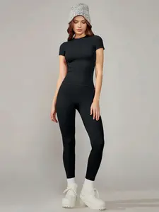 Women's Versatile Solid Color Top + High Waist Bottoms Sportswear Set, Casual Comfortable Breathable Two-Piece, Yoga Gym Running